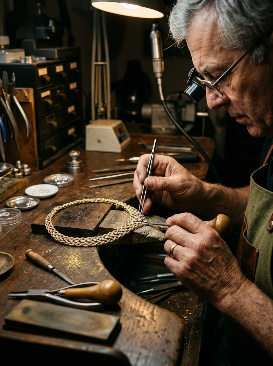 Master goldsmith and diamond setter in high jewelry atelier